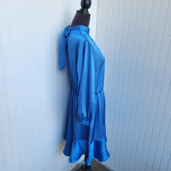 NWT BTFBM Blue Turquoise 3/4 Sleeve Satin Mini Stretch Dress A-Line Ruffle Hem L - Picture 8 of 16